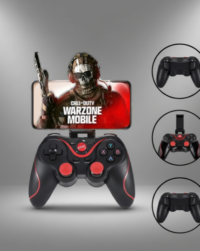 Controle Gamepad Bluetooth Universal com Suporte Celular - Wireless Joystick para Android iOS PC - Bateria Recarregável - Turbo Vibração - Free Fire PUBG COD Mobile - Preto Vermelho